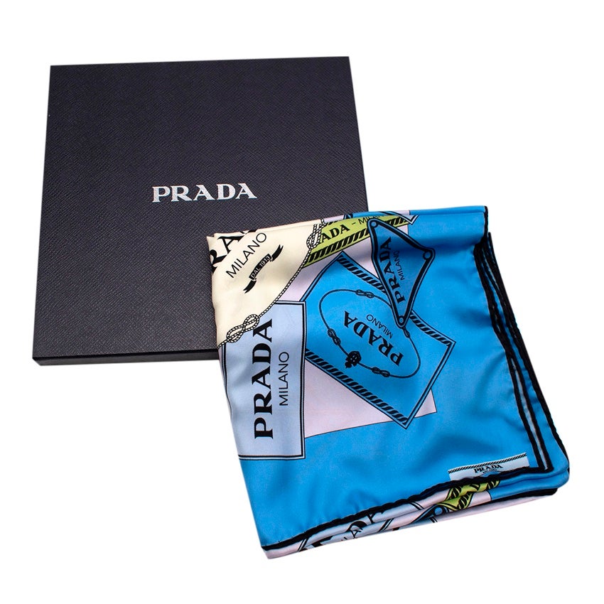 Prada Blue & Green Silk Twill Labels Motif Scarf 90cm For Sale