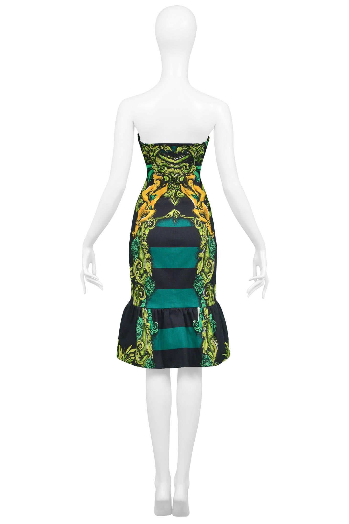 Prada Blue & Green Striped Dress With Cherub Print 2011 In Excellent Condition In Los Angeles, CA