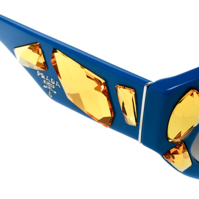 Prada Blue/Grey Gradient SPR 21Q Yellow Crystal Embellished Cat Eye Sunglasses In Excellent Condition In Dubai, Al Qouz 2