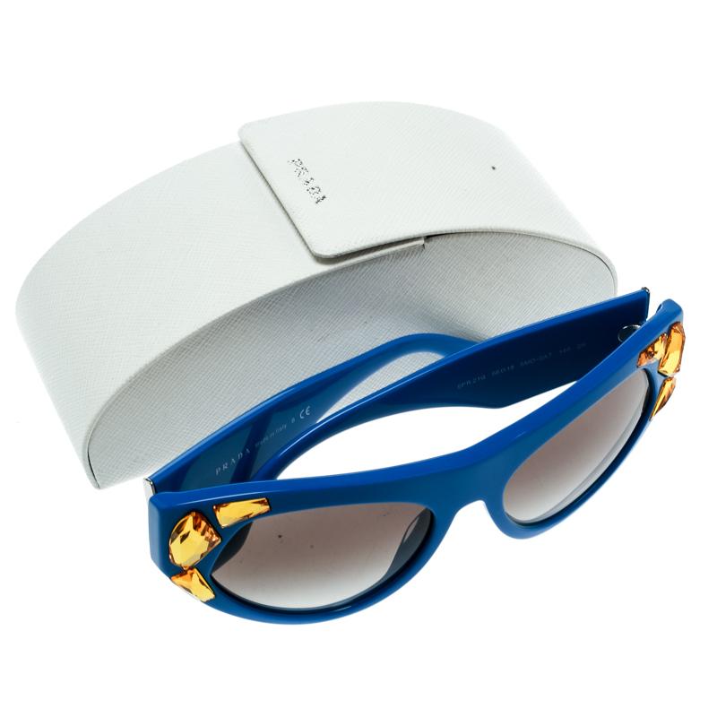 Women's Prada Blue/Grey Gradient SPR 21Q Yellow Crystal Embellished Cat Eye Sunglasses