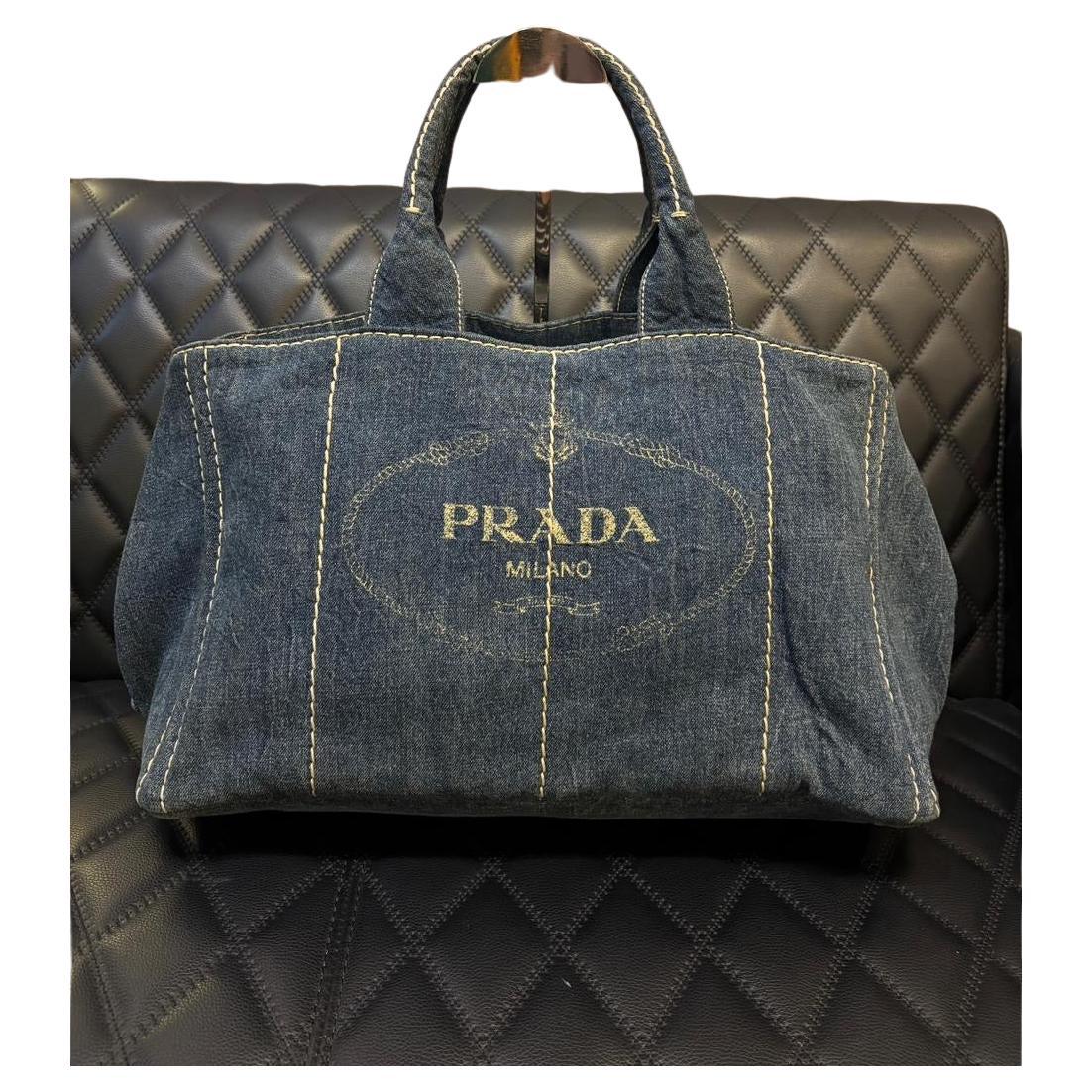 Prada Blue Large Canapa Denim Tote in vendita