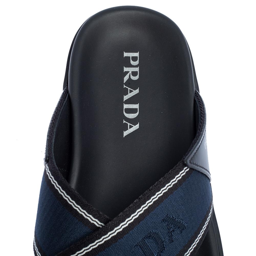 Black Prada Blue Leather and Nylon Logo Tape Crisscross Slides Size 43