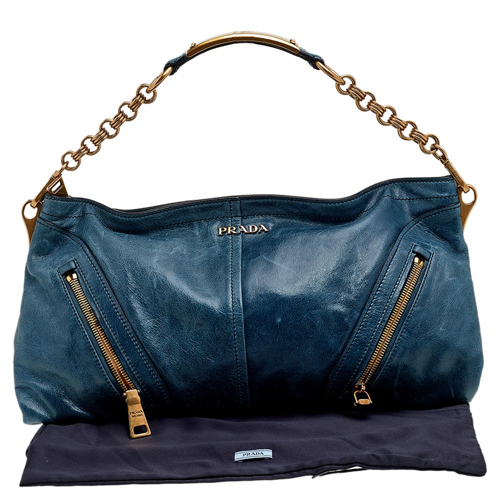 Prada Blue Leather Chain Shoulder Bag 4
