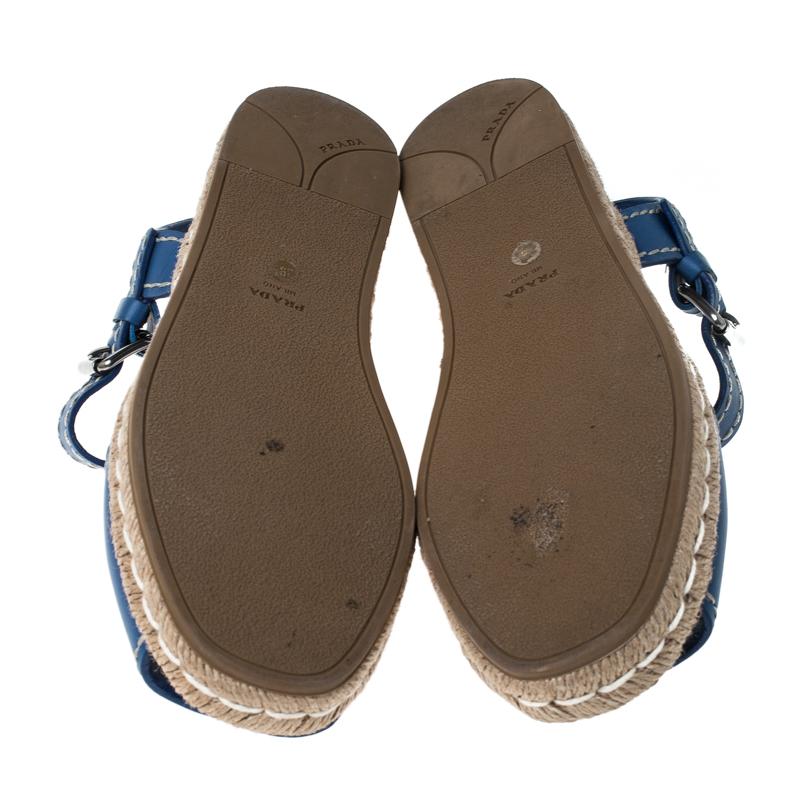 Women's Prada Blue Leather Espadrille Flat Sandals Size 39.5