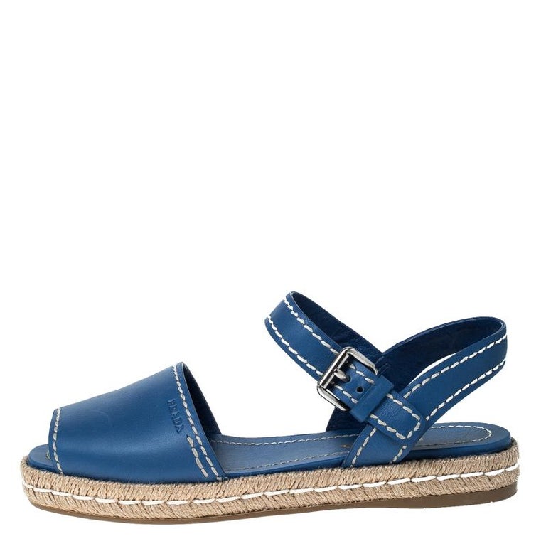 Prada Blue Leather Espadrille Flat Sandals Size 39.5 at 1stDibs