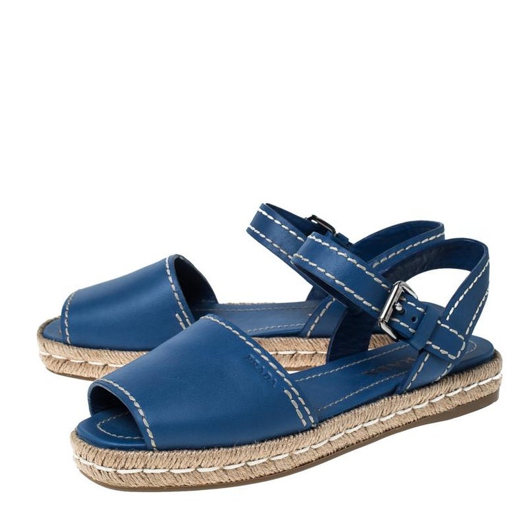 Prada Blue Leather Espadrille Flat Sandals Size 39.5 at 1stDibs
