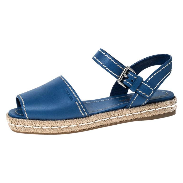Prada Blue Leather Espadrille Flat Sandals Size 39.5