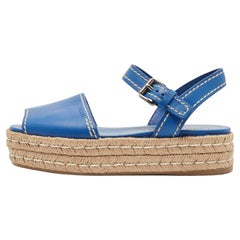 Prada Blue Leather Espadrille Platform Sandals Size 38