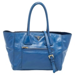 Prada Blue Leather Front Pocket Wing Tote