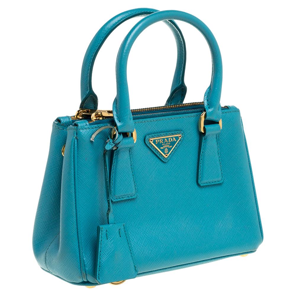 Prada Blue Leather Mini Double Zip Crossbody Bag In Good Condition In Dubai, Al Qouz 2