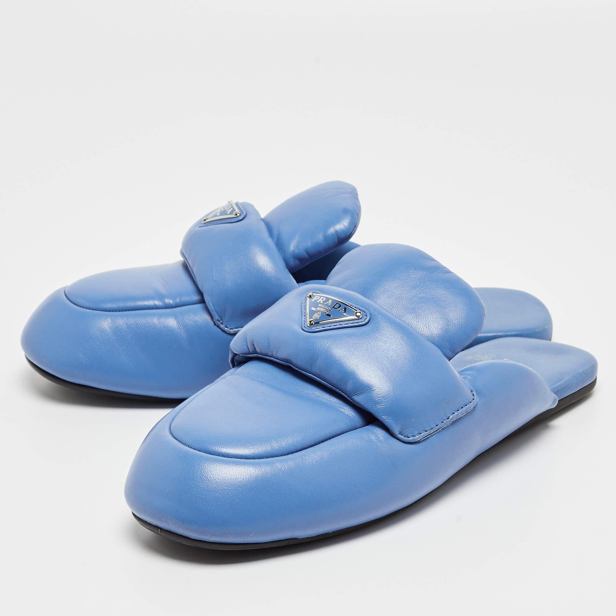 Prada Blue Leather Pantofole Padded Flat Mules Size 39 For Sale 2