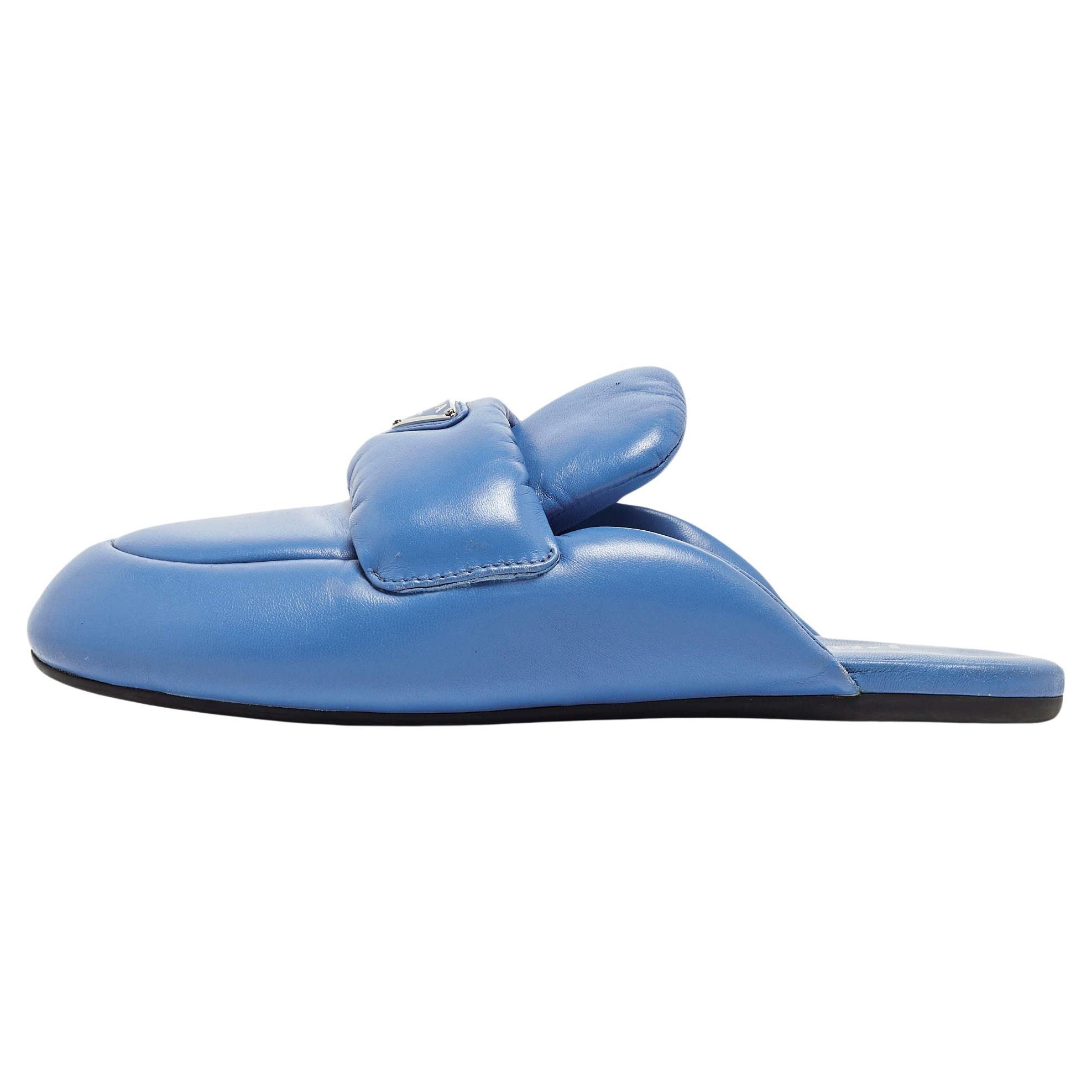 Prada Blue Leather Pantofole Padded Flat Mules Size 39 For Sale