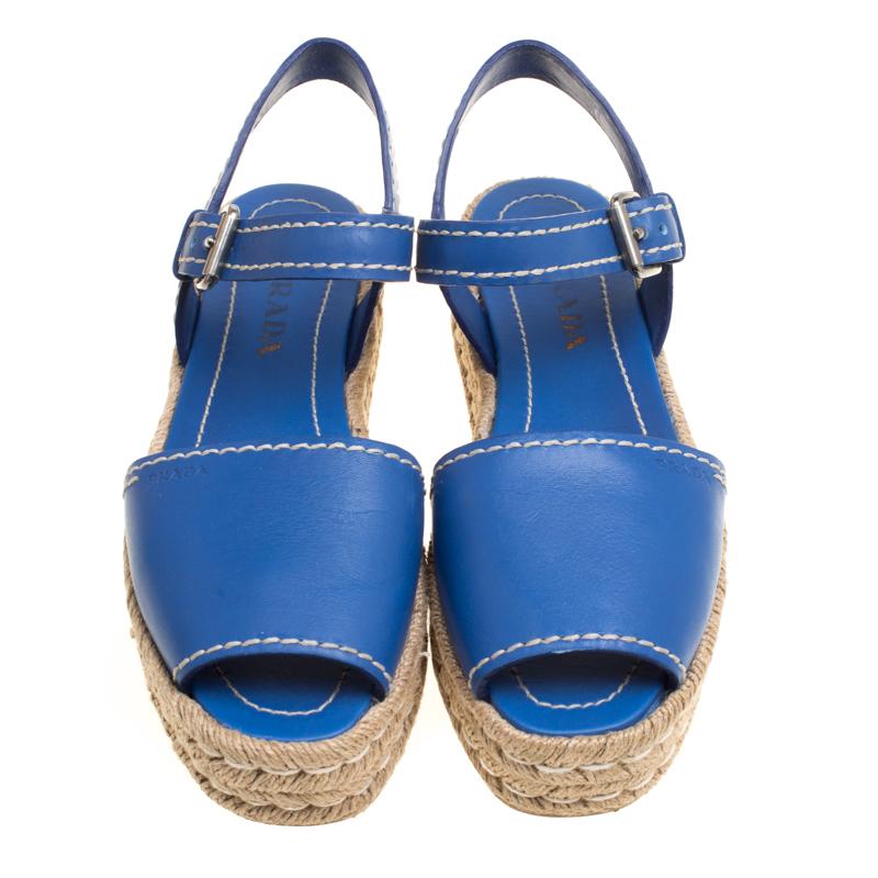 Beige Prada Blue Leather Peep Toe Ankle Strap Espadrille Platform Sandals Size 39