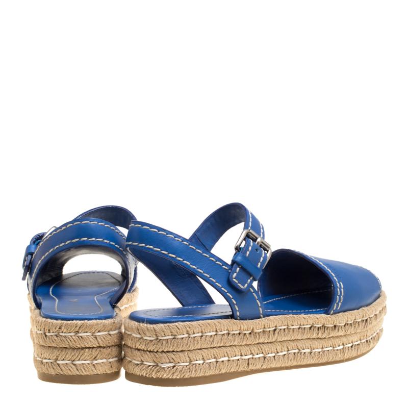 Women's Prada Blue Leather Peep Toe Ankle Strap Espadrille Platform Sandals Size 39
