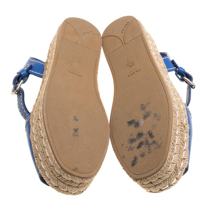 Prada Blue Leather Peep Toe Ankle Strap Espadrille Platform Sandals Size 39 1