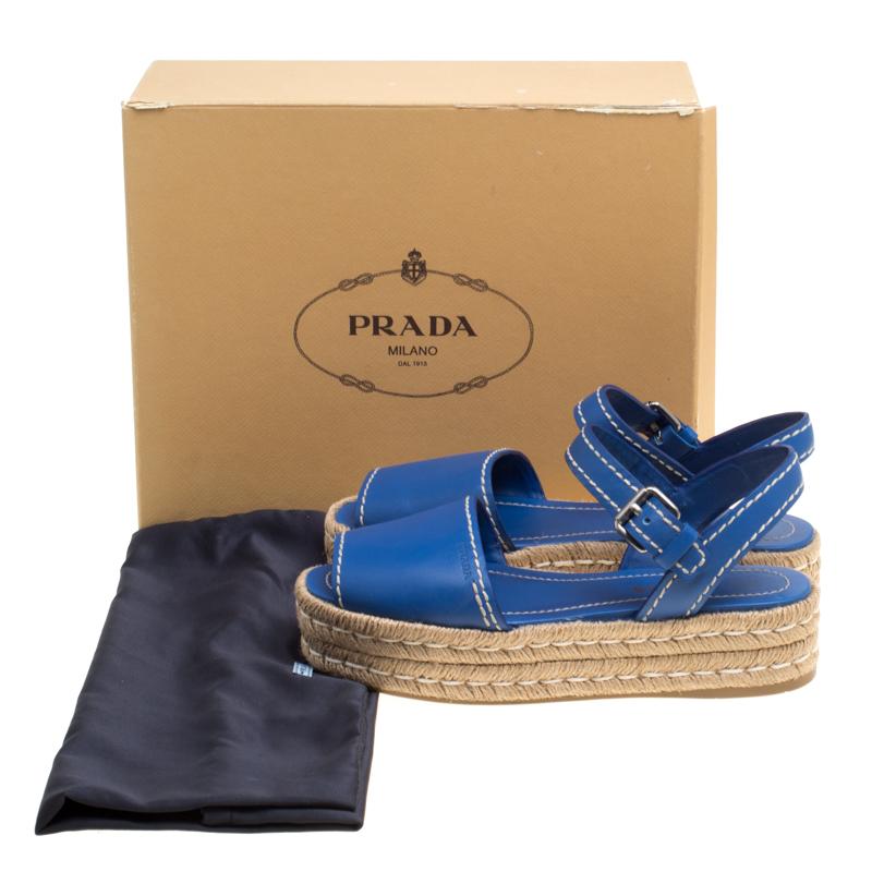 Prada Blue Leather Peep Toe Ankle Strap Espadrille Platform Sandals Size 39 3
