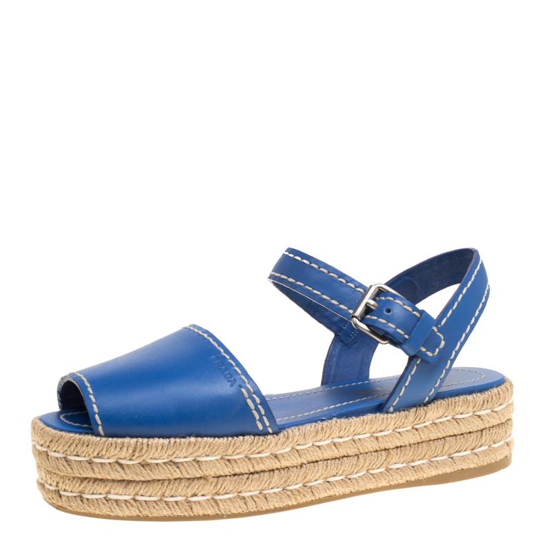 Prada Blue Leather Peep Toe Ankle Strap Espadrille Platform Sandals Size 39
