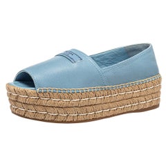 Prada Blue Leather Peep Toe Platform Espadrilles Size 36.5