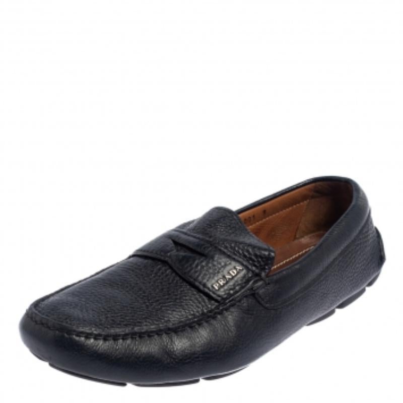 Prada Blue Leather Penny Slip On Loafers Size 43 In Fair Condition For Sale In Dubai, Al Qouz 2