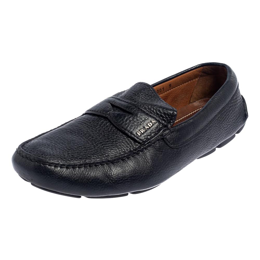 Prada Blue Leather Penny Slip On Loafers Size 43 For Sale