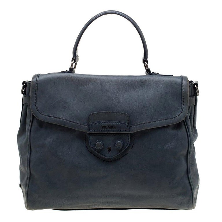 Prada Blue Leather Push Lock Tote For Sale at 1stDibs