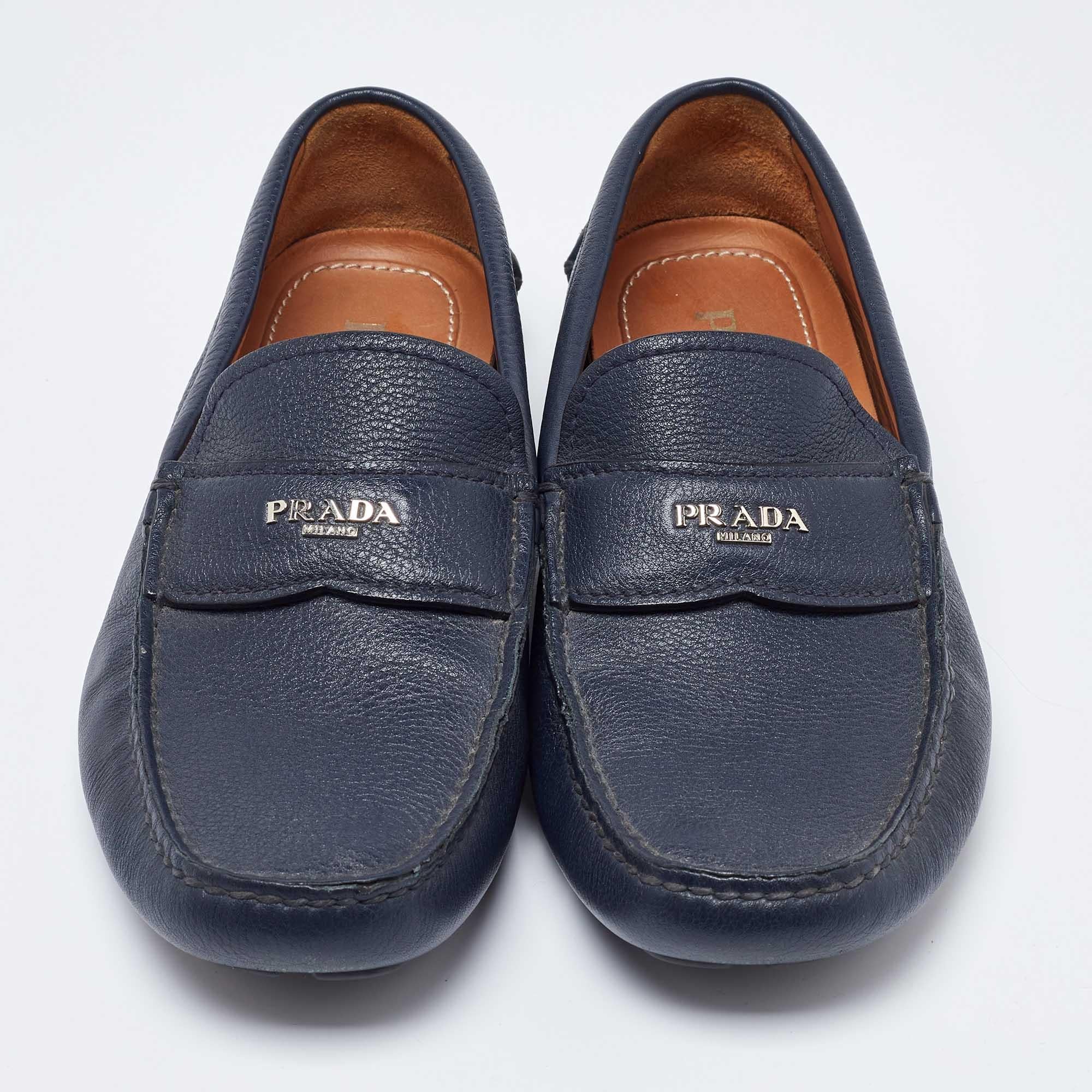 Black Prada Blue Leather Slip On Loafers Size 40