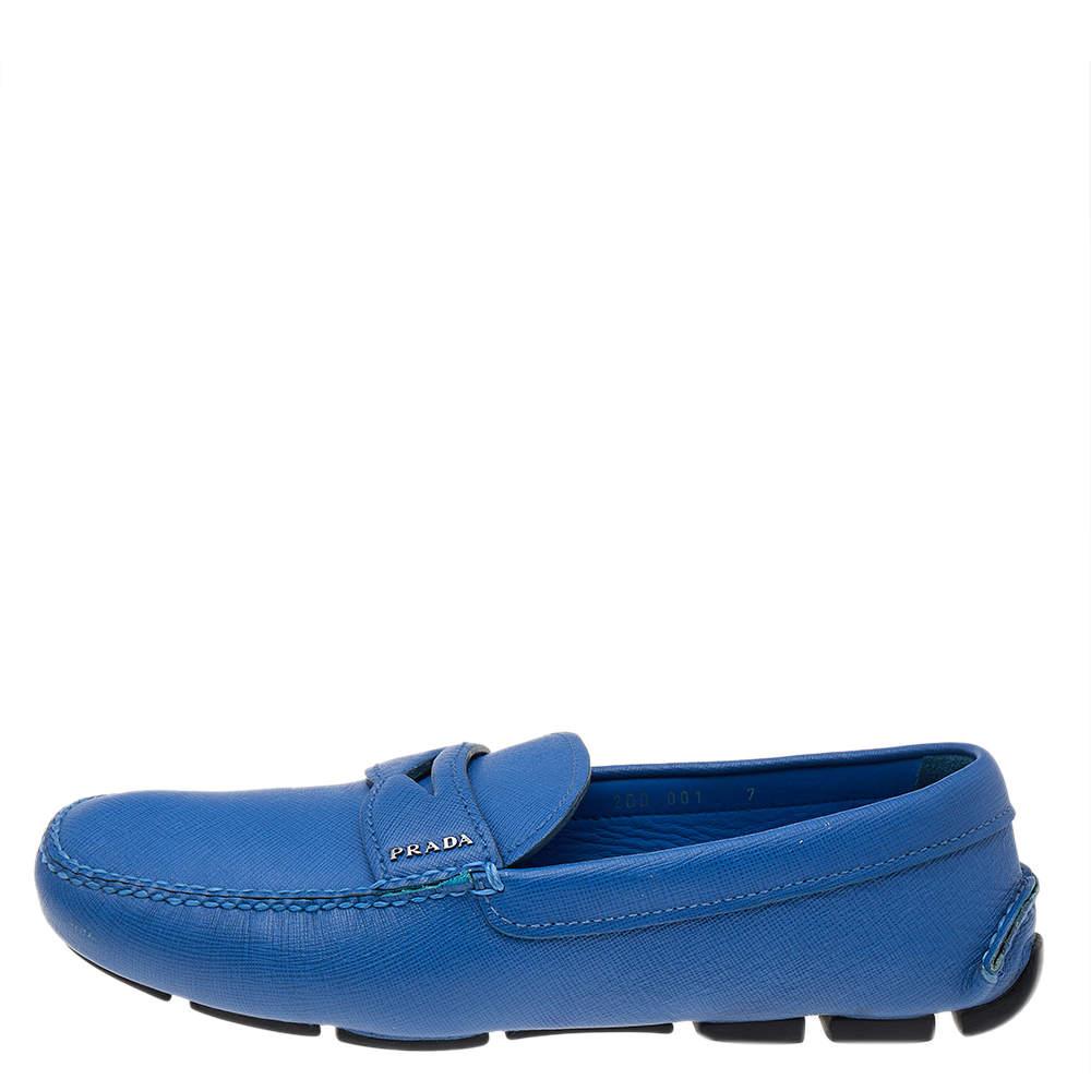 Prada Blue Leather Slip On Loafers Size 41 For Sale 1
