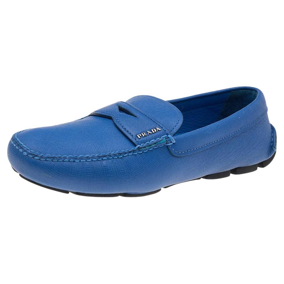 Prada Blue Leather Slip On Loafers Size 41 For Sale