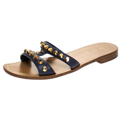 Prada Blue Leather Studded Flat Slides Size 38