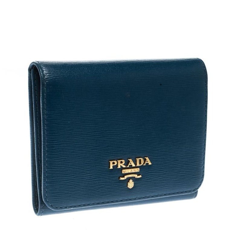 Prada Blue Leather Trifold Wallet For Sale at 1stDibs