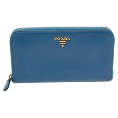 Prada Blue Leather Zip Around Wallet