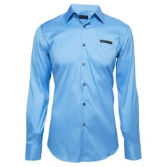 Prada Blue Logo Applique Stretch Cotton Full Sleeve Shirt M