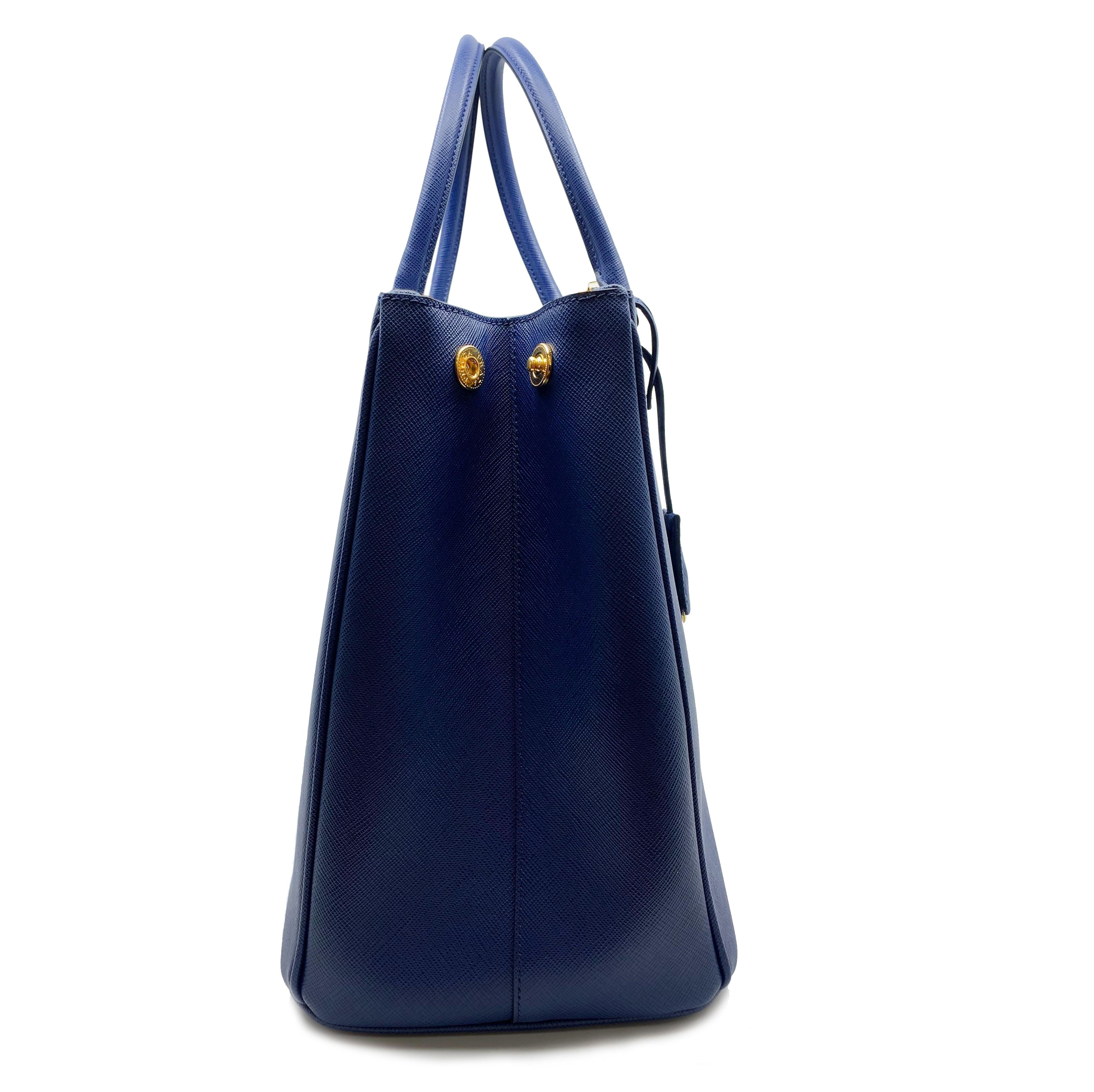 Prada Blue Lux Saffiano Leather Double-Zip Tote Ladies Bag 1BA786 F0016 In New Condition In New York, NY