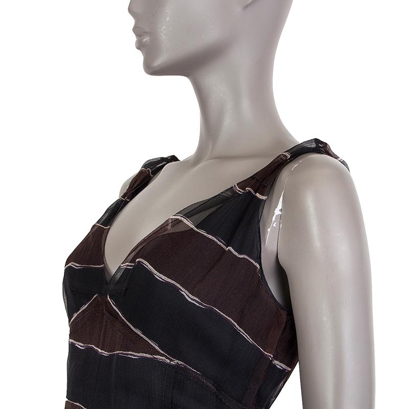 Prada Sheer slip dress in midnight blue, marron, black, and off-white silk chiffon (100%). With v neck and v back. Closes with snaps on the side. Comes wirh belt strap in espresso canvas and slip dress in midnight blue silk (100%). Has been worn and