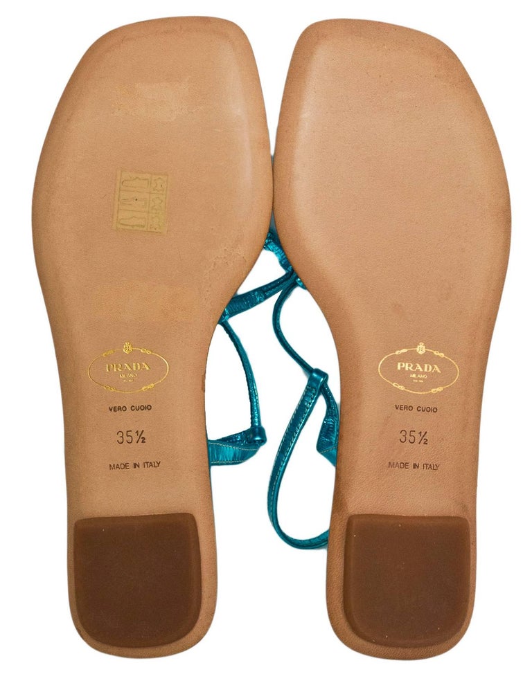 Prada Blue Metallic T-Strap Sandals Sz 35.5 NEW For Sale at 1stDibs | vero  cuoio sandals price, prada vero cuoio sandals, metallic t strap sandals