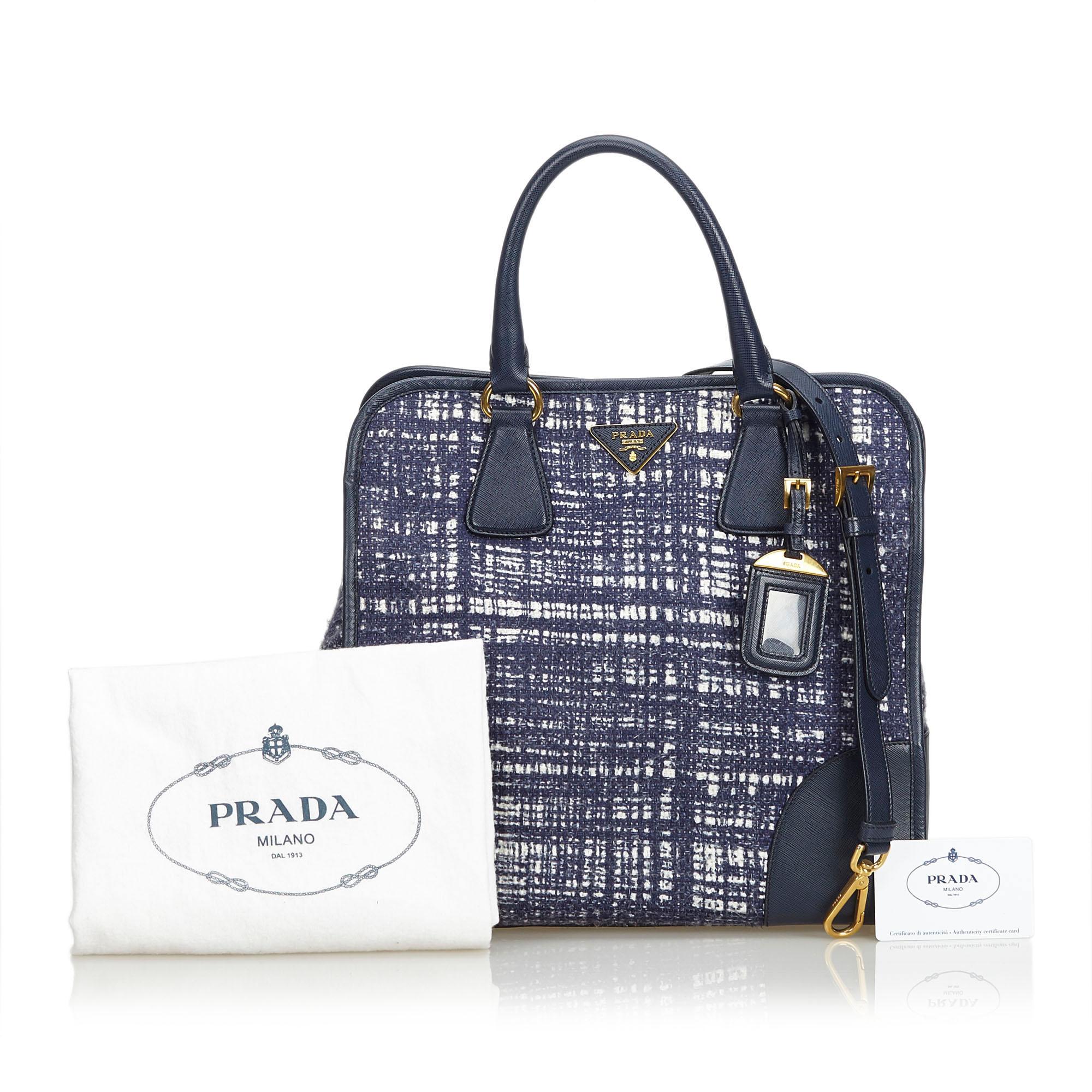 Prada Blue Navy Wool Fabric Satchel Italy w/ Dust BagAuthenticity Card For Sale 4