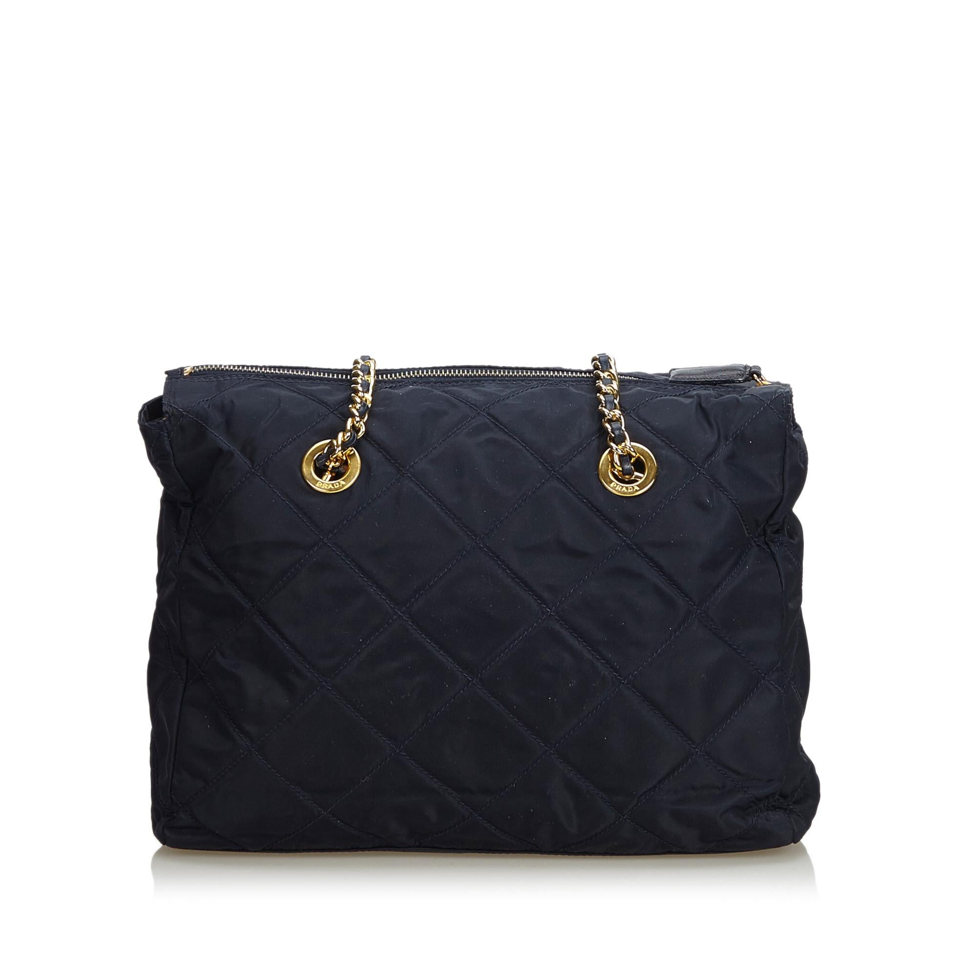 Black Prada Blue Nylon Fabric Quilted Chain Shoulder Bag Italy w/ Authenticity Card