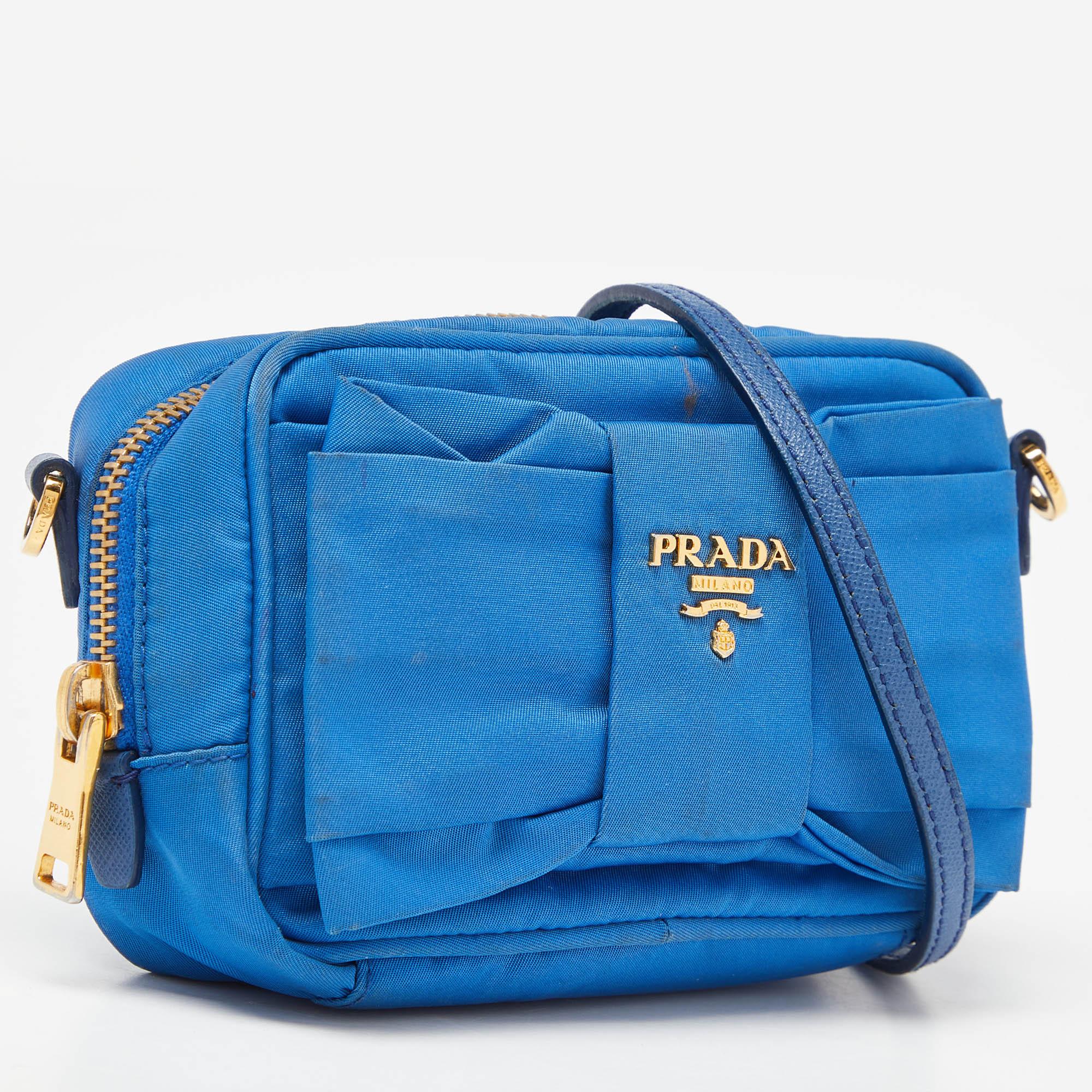 Prada Blue Nylon Mini Bow Crossbody Bag In Good Condition In Dubai, Al Qouz 2
