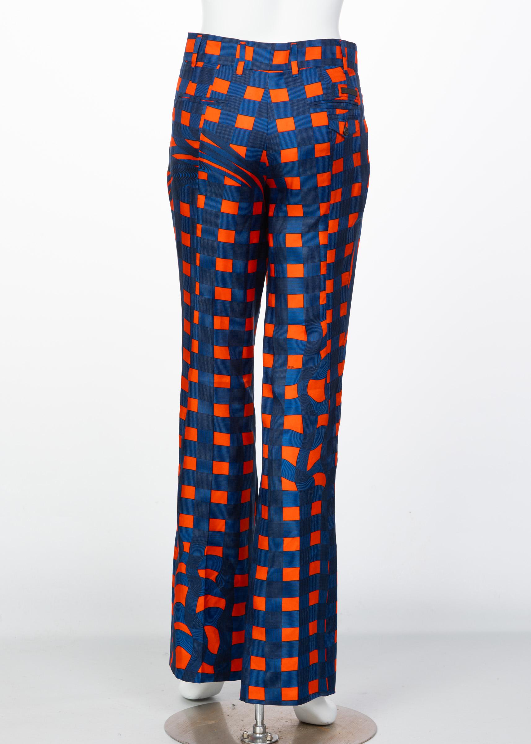 Prada Blue Orange Red Check Silk Fairy Pants Runway, 2008 In Excellent Condition For Sale In Boca Raton, FL