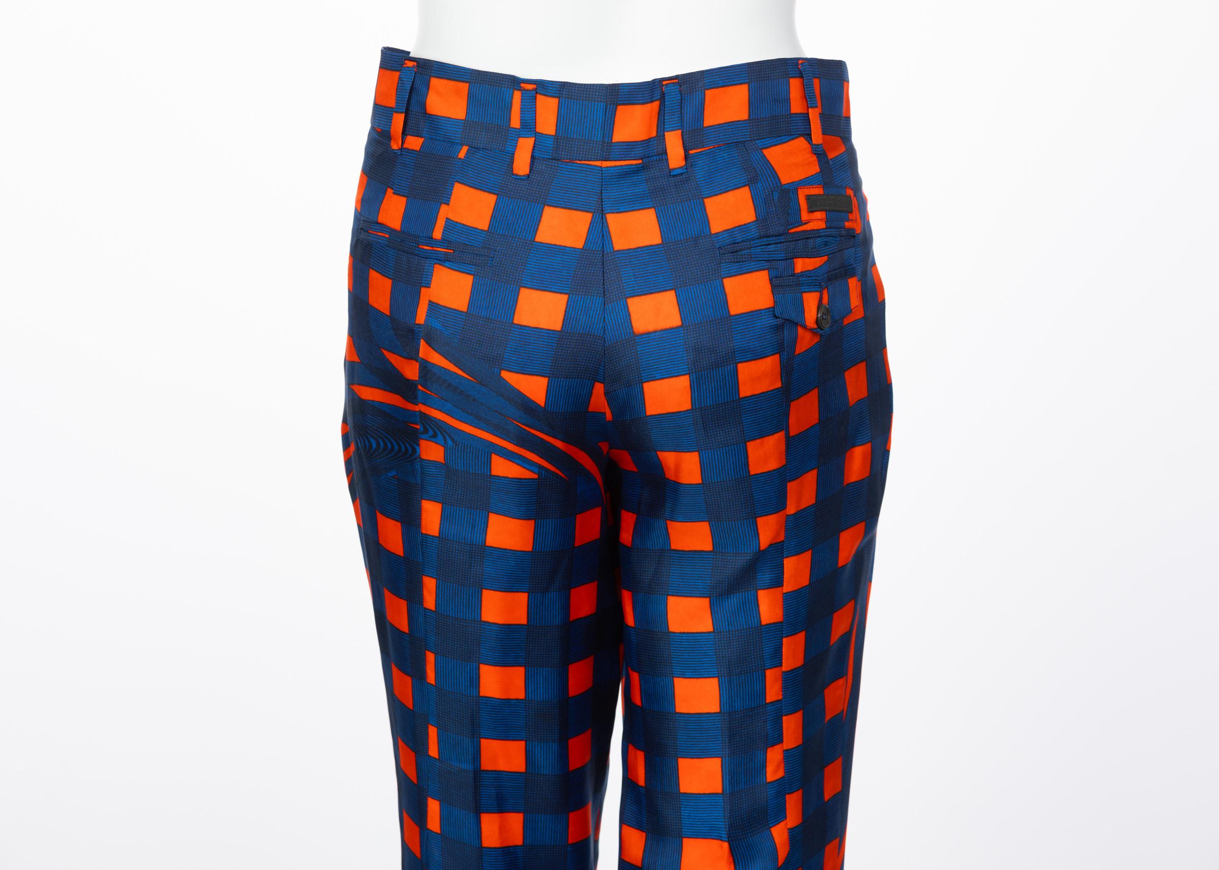 Prada Blue Orange Red Check Silk Fairy Pants Runway, 2008 In Excellent Condition In Boca Raton, FL