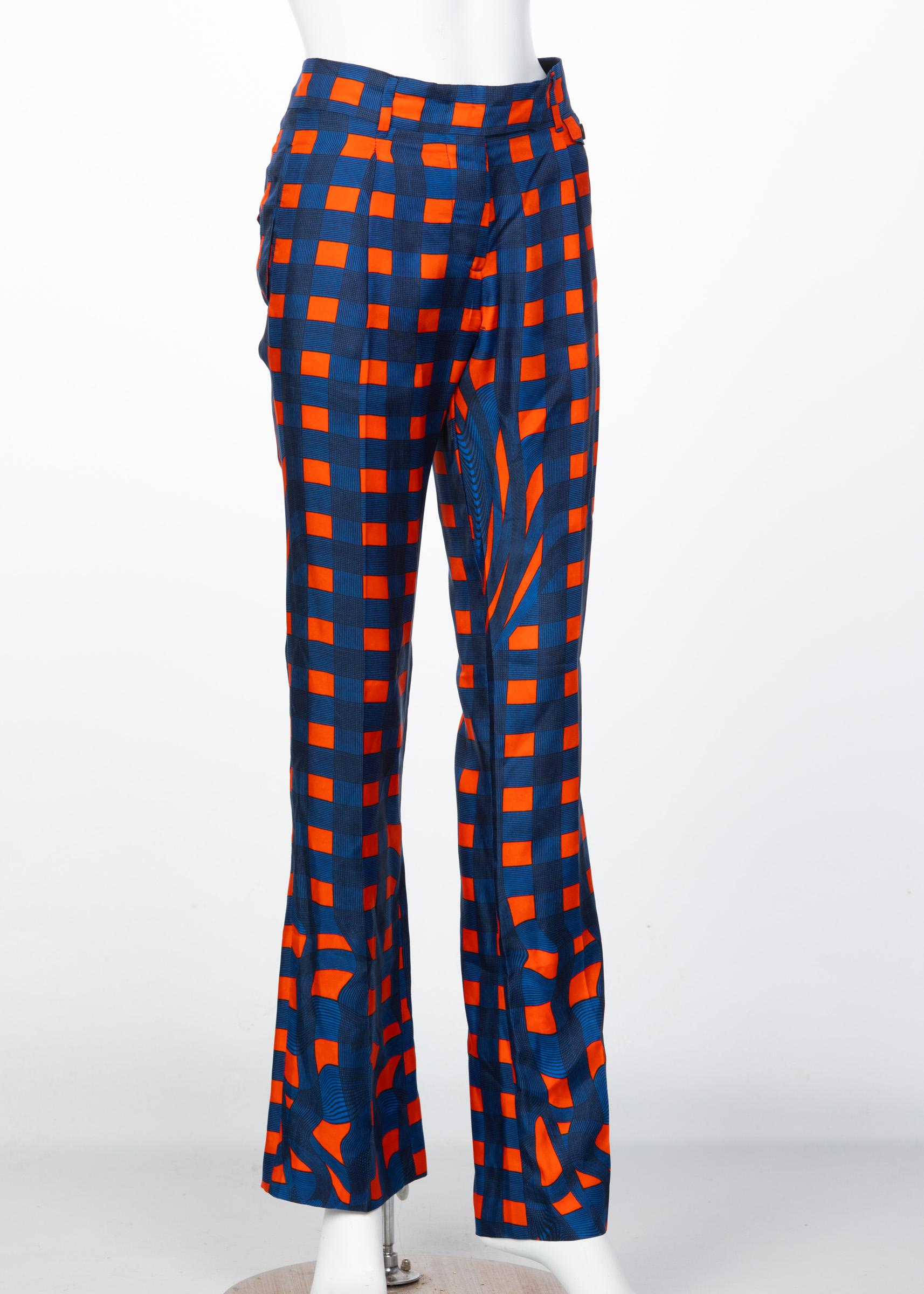 Violet Pantalon de soie à carreaux bleu orange rouge Prada Runway, Spring 2008 en vente