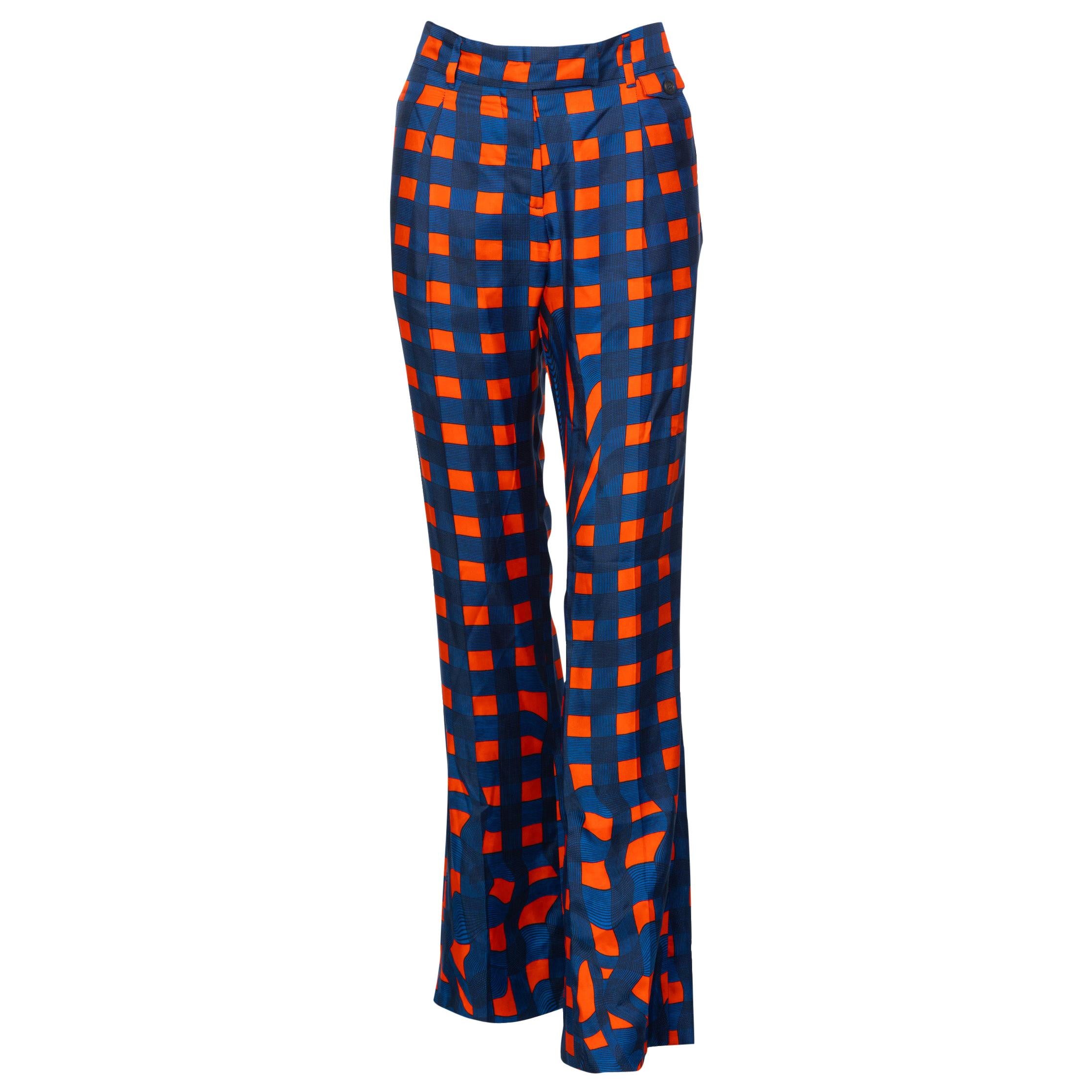 Pantalon de soie à carreaux bleu orange rouge Prada Runway, Spring 2008 en vente