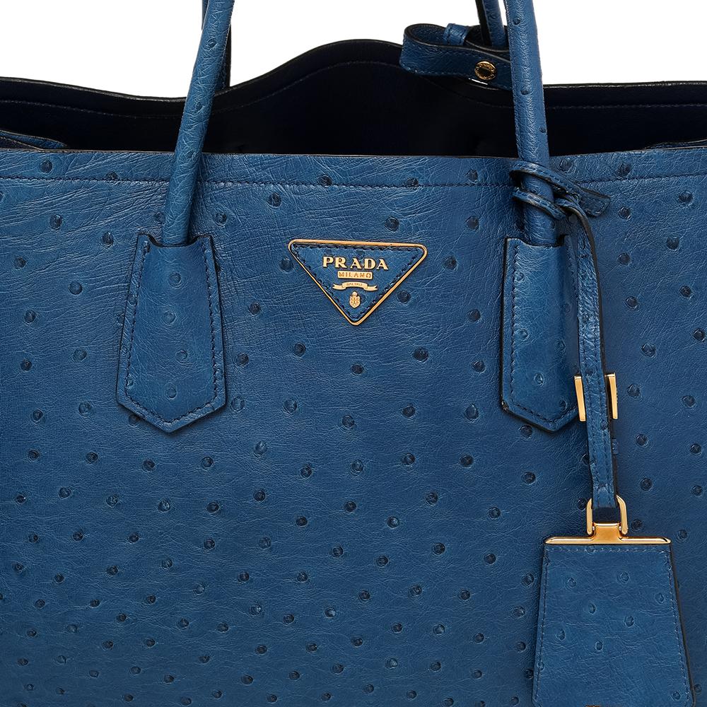 Prada Blue Ostrich Leather Medium Double Handle Tote 5