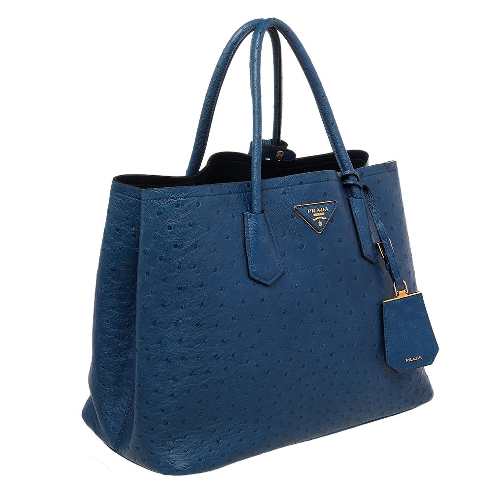 Prada Blue Ostrich Leather Medium Double Handle Tote In Good Condition In Dubai, Al Qouz 2