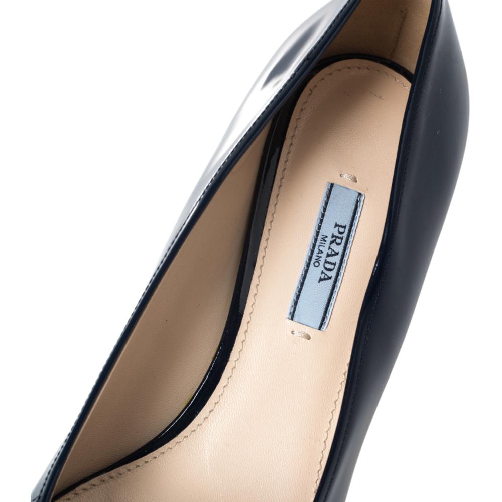 Women's Prada Blue Patent Leather Bow Block Heel Pumps Size 41