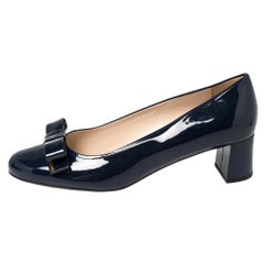 Prada Blue Patent Leather Bow Block Heel Pumps Size 41
