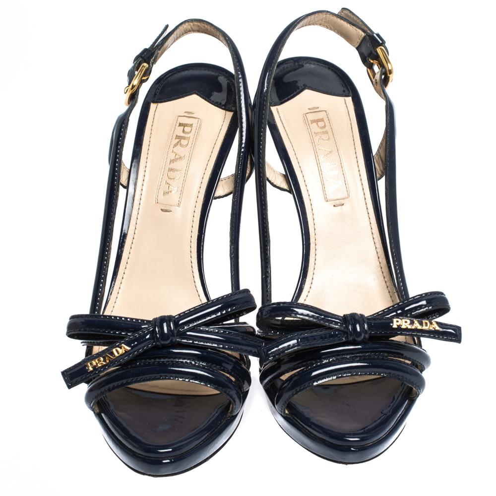 Black Prada Blue Patent Leather Bow Open Toe Slingback Sandals Size 38.5