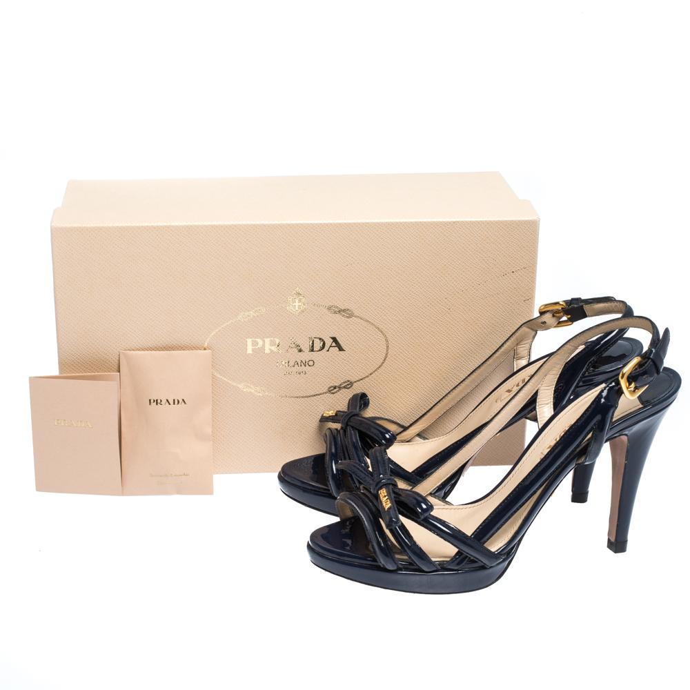 Prada Blue Patent Leather Bow Open Toe Slingback Sandals Size 38.5 3