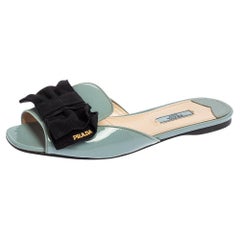 Prada Blue Patent Leather Bow Peep Toe Flat Slides Size 40