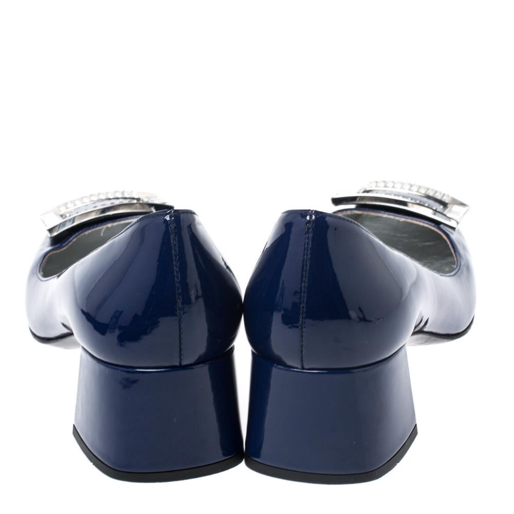 Prada Blue Patent Leather Crystal Buckle Block Heel Pumps Size 37 In Good Condition In Dubai, Al Qouz 2